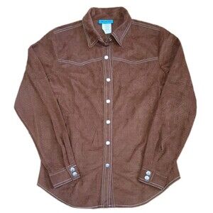 NEW Vtg Airport Brown Western Faux Suede Long Sleeve Lightweight Button Shirt M
